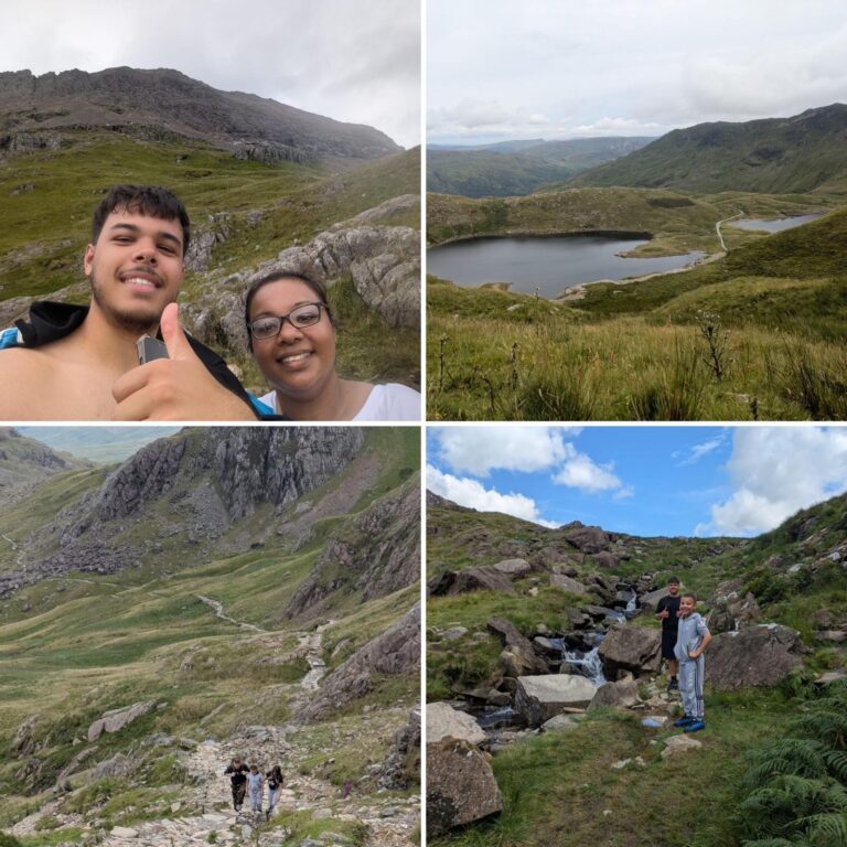 A four-panel photo collage captures a family hiking trip on Snowdon.
